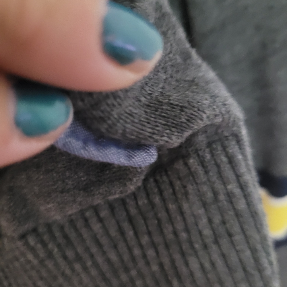 Gray Cardigan with Navy Trim and Yellow Stripes - Picture 8 of 12